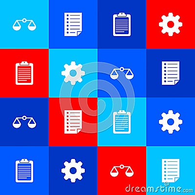 Set Scales of justice, Document, Clipboard with document and Cogwheel gear settings icon. Vector Stock Photo