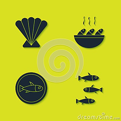 Set Scallop sea shell, Fishes, Served fish on plate and soup icon. Vector Vector Illustration