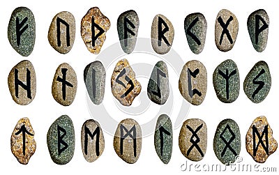 Set scandinavian viking alphabet runes on stones isolated on white background Stock Photo