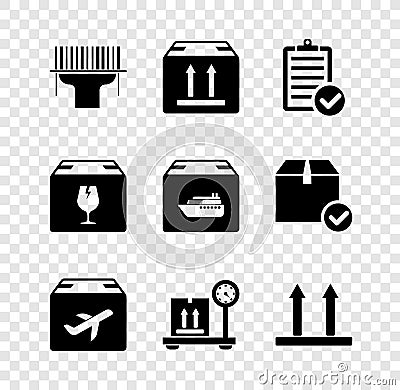 Set Scanner scanning bar code, Cardboard box with traffic, Verification of delivery list, Plane and cardboard, Scale Vector Illustration