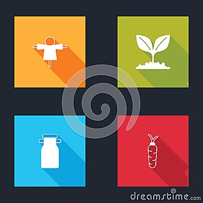 Set Scarecrow, Plant, Can container for milk and Carrot icon. Vector Vector Illustration