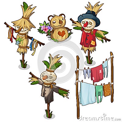 Set of scarecrow, straw toys and drying clothes Vector Illustration