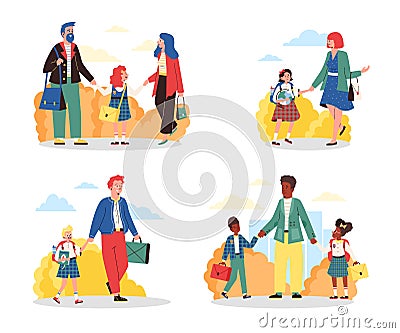 Set scenes with happy parents taking kids in school uniform to school. Vector Illustration