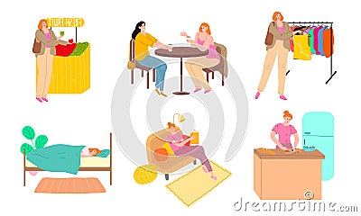 Set of scenes from ordinary womans days rituals vector illustration Vector Illustration