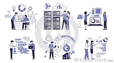 A set of scenes of the work of IT specialists. Vector Illustration
