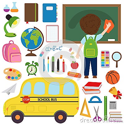 Set of school bus and school supplies Vector Illustration