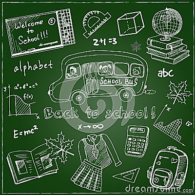 Set of school drawings on chalkboard. Sketches. Hand-drawing. Used for education, document decoration and packages product. Vecto Vector Illustration