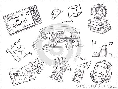 Set of school drawings. Sketches. Hand-drawing. Cartoon Illustration