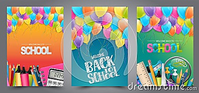 A set of school flyers or posters with coloful ballons and study supplies. Vector Illustration