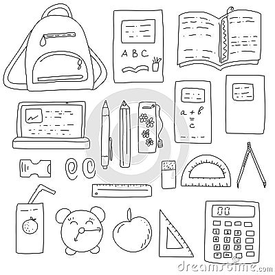 A set of school items with a satchel, books, and office supplies. Vector Illustration