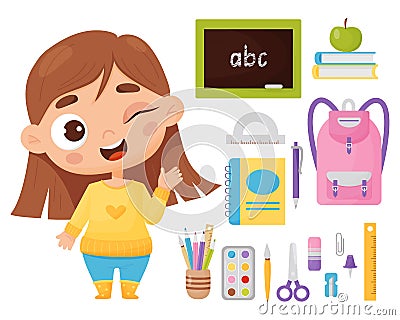 Set of school items and schoolgirl. Cute happy character girl and study supplies. Backpack, blackboard, book, paints Vector Illustration