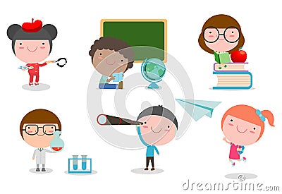 Set of school kids in education concept,happy cartoon kids in classroom,children playing and lifestyle, child go to school Vector Illustration