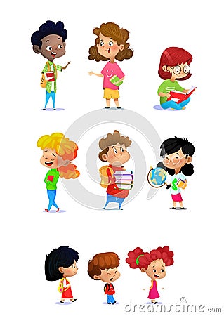 Set of school kids in education concept on white background Vector Illustration