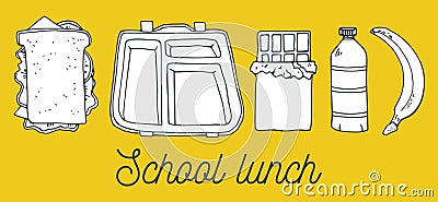 Set of school lunch items. Top view. Container, bottle, sandwich, chocolate, banana Vector Illustration