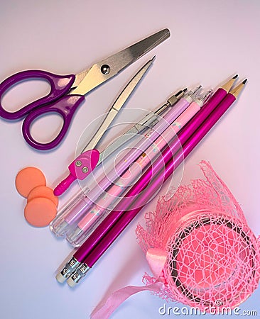 A set of school office supplies. Pink, white and purple colors Stock Photo
