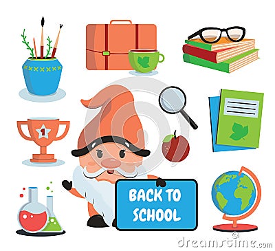 he set of school stickers with gnome, text and icons Vector Illustration