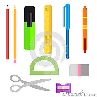 Set of school supplies. Pens pencils scissors and ruler. Pencil sharpener and eraser. Collection of objects in a flat Vector Illustration