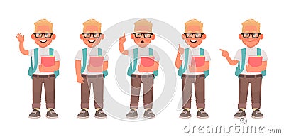 Set of schoolboy character in various poses and gestures. Elementary school student with glasses and with a backpack and a book Cartoon Illustration