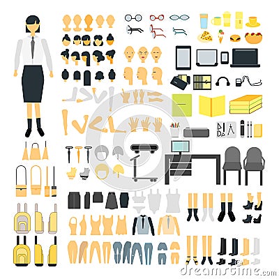 Set of schoolgirl constructor character kit set. Female body parts, uniform, bag, back and front faces, hairstyles, dress, clothes Vector Illustration