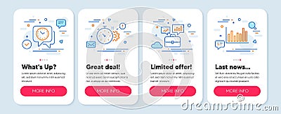 Set of Science icons, such as Business portfolio, Clock, Cogwheel timer symbols. Bar diagram line icons. Vector Vector Illustration