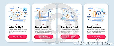 Set of Science icons, such as Computer, Heartbeat, Weather symbols. Decreasing graph line icons. Vector Vector Illustration