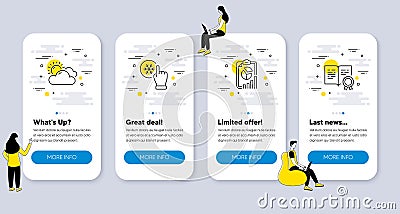 Set of Science icons, such as Report, Freezing click, Sunny weather. Vector Vector Illustration