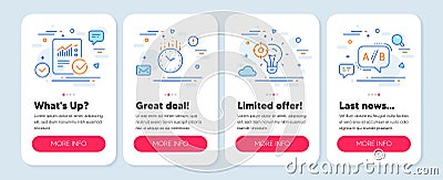 Set of Science icons, such as Seo idea, Time, Checked calculation symbols. Ab testing line icons. Vector Vector Illustration