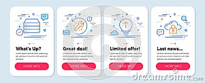 Set of Science icons, such as Servers, Swipe up, Recovery tool symbols. Cloud protection line icons. Vector Vector Illustration