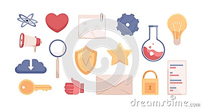 Set of science and laboratory cartoon icons for web interface. Symbols of lightbulb, gear, lab flask, lock, key Vector Illustration