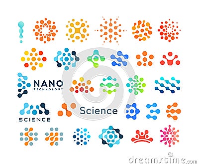 Set of science logo templates, creative dotted logotypes, modern abstract shapes, vector emblem collection Vector Illustration