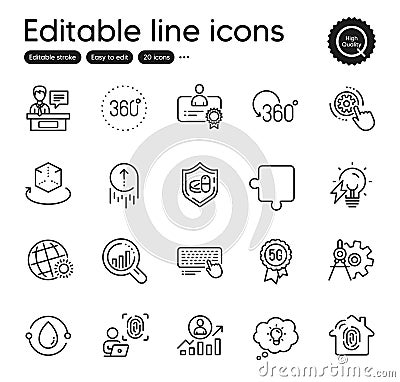 Set of Science outline icons. Contains icons as Seo analysis, Swipe up and Medical tablet elements. For website. Vector Stock Photo