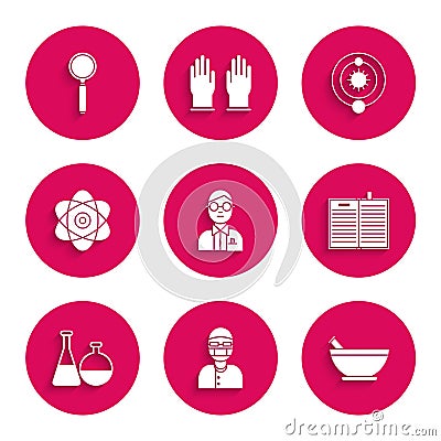 Set Scientist, Assistant, Mortar and pestle, Open science book, Test tube flask chemical laboratory, Atom, Solar system Vector Illustration