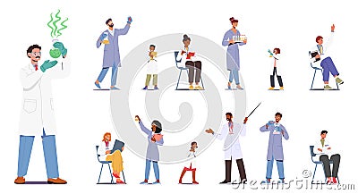 Set Scientist Kids and Adult Characters In Lab Coats, Engaged In Collaborative Research With State-of-the-art Equipment Vector Illustration