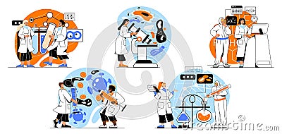 Set of scientists conduct research Vector Illustration