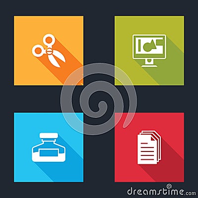 Set Scissors, Computer monitor screen, Ink bottle and File document icon. Vector Vector Illustration