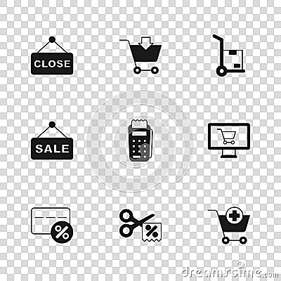 Set Scissors cuts discount coupon, Shopping cart monitor, Add, POS terminal, Hand truck and boxes, Hanging sign with Stock Photo