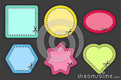 Set of scissors cutting of different colors shapes and lines on black background. Cut coupon. Vector illustration. Vector Illustration
