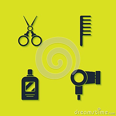 Set Scissors hairdresser, Hair dryer, Bottle of shampoo and Hairbrush icon. Vector Vector Illustration