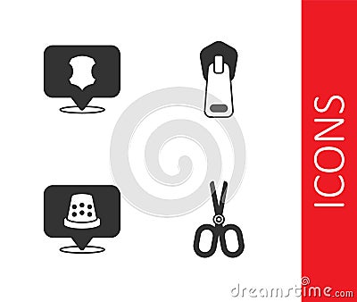 Set Scissors, Leather, Thimble for sewing and Zipper icon. Vector Vector Illustration