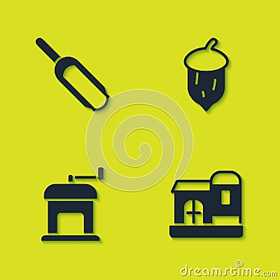 Set Scoop flour, Farm house, Manual coffee grinder and Acorn, oak nut, seed icon. Vector Vector Illustration