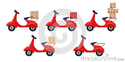 Set of scooter with various types of parcel and package. Vector cartoon illustration of red retro Scooter. Fast Delivery Vector Illustration