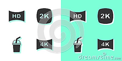 Set Screen tv with 4k, Hd movie, tape, frame, Paper glass water and 2k Ultra HD icon. Vector Vector Illustration