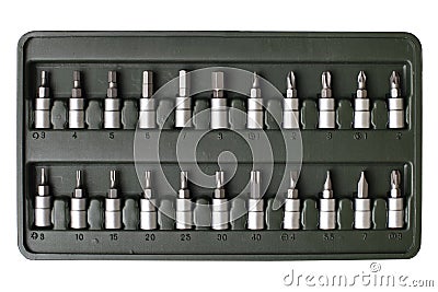 Set of screwdriver bits in box Stock Photo