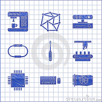 Set Screwdriver, Keyboard and mouse, Video graphic card, Factory conveyor system belt, Processor with microcircuits CPU Stock Photo