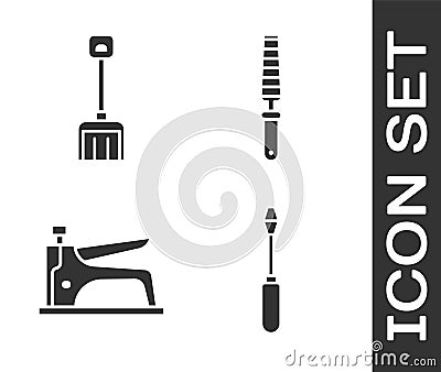 Set Screwdriver, Snow shovel, Construction stapler and Chisel tool for wood icon. Vector Vector Illustration