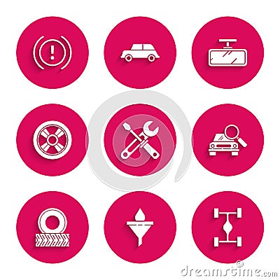Set Screwdriver and wrench tools, Funnel or filter motor oil drop, Chassis car, Car search, wheel, mirror and Brake Vector Illustration