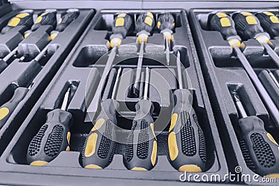 Set of Screwdrivers inside Toolbox, Screwdrivers Set, Box with Set of Tools, Set Mechanical Tools Stock Photo