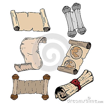 Set of scrolls. Vector illustration old scroll with a painted map and a scroll twisted into a roll with a seal. Vintage pirate scr Vector Illustration