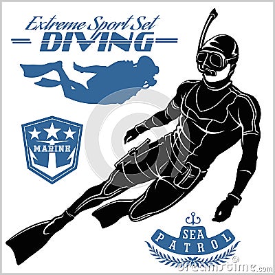 Set of scuba diver silhouette and diving labels Vector Illustration