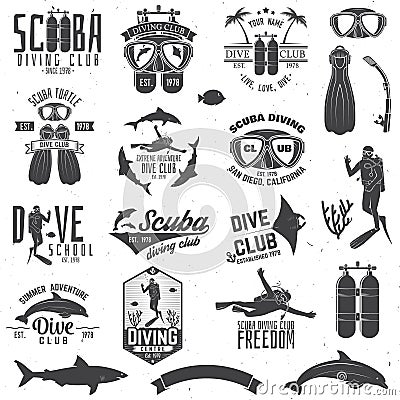 Set of Scuba diving club and diving school design. Vector Illustration